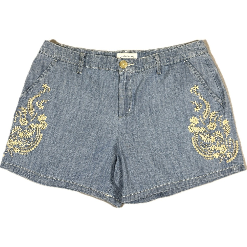 Liz Claiborne Shorts Women 10 Blue Embroidered Cotton Denim Chambray